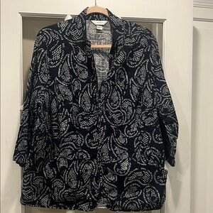 CJ Banks Navy and White Leaf Print Jacket Zippered w Pockets